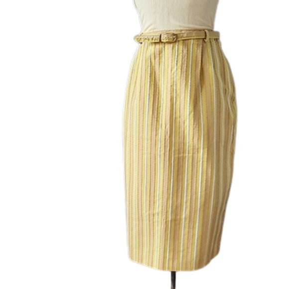 Vintage Dresses & Skirts - 1950s Vintage Never Worn Yellow Striped Cotton Pencil Slim Skirt Waist 30" NWTs